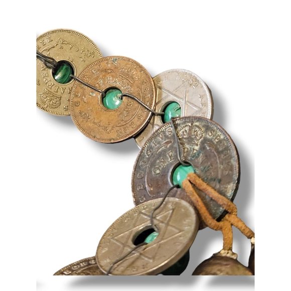 Vintage British West Africa Coins Bakelite Malachite Trade Bead Necklace - Picture 6 of 9